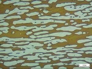 32205 Metallography: etched microstructure of duplex stainless steel 2205 (UNS S32205) showing austenite and ferrite two-phase structure, 100 micrometre scale bar