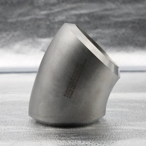Super duplex S32750 (ASTM A815) 45 degree long radius butt weld elbow, NPS 3 Sch 80S, ASME B16.9, with permanent laser marking