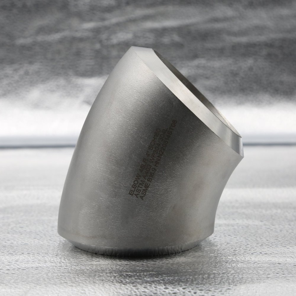 Super duplex S32750 (ASTM A815) 45 degree long radius butt weld elbow, NPS 3 Sch 80S, ASME B16.9, with permanent laser marking