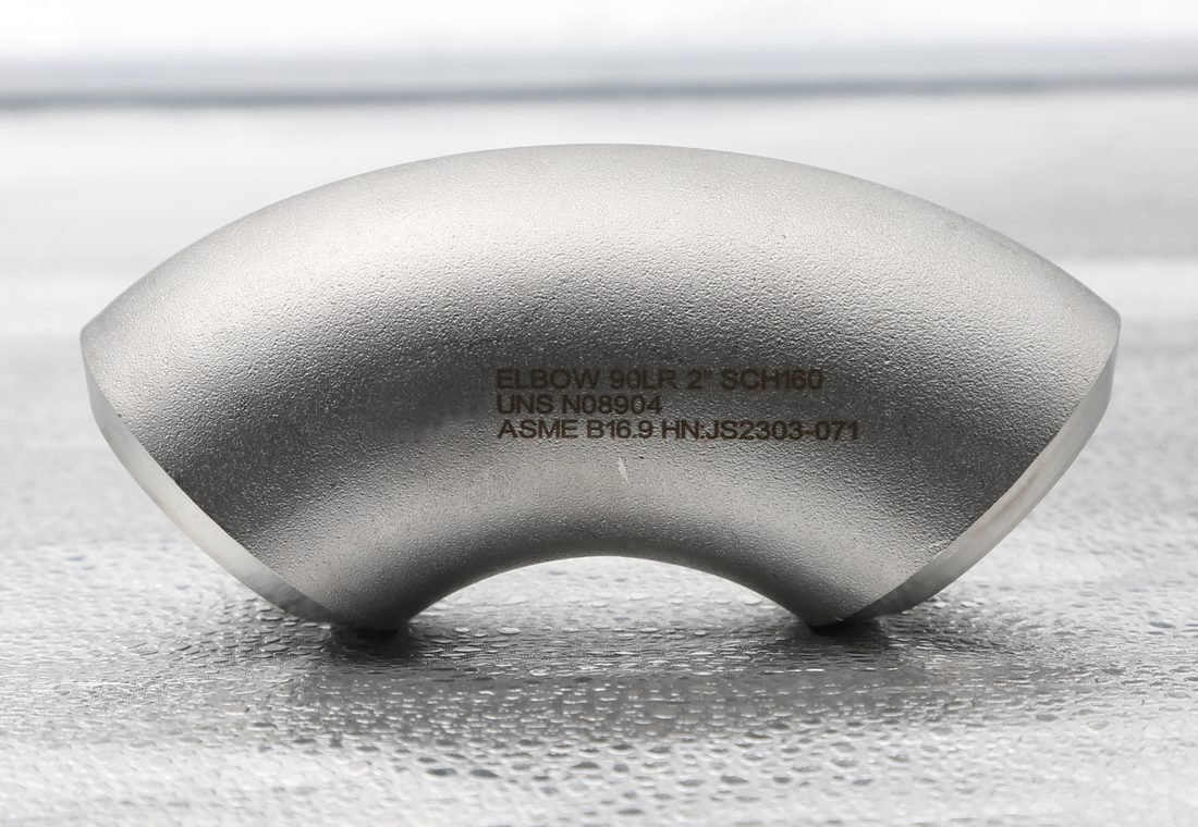 904L (UNS N08904) 90 degree long radius butt weld elbow, NPS 2 Sch 160, ASME B16.9, with permanent laser marking