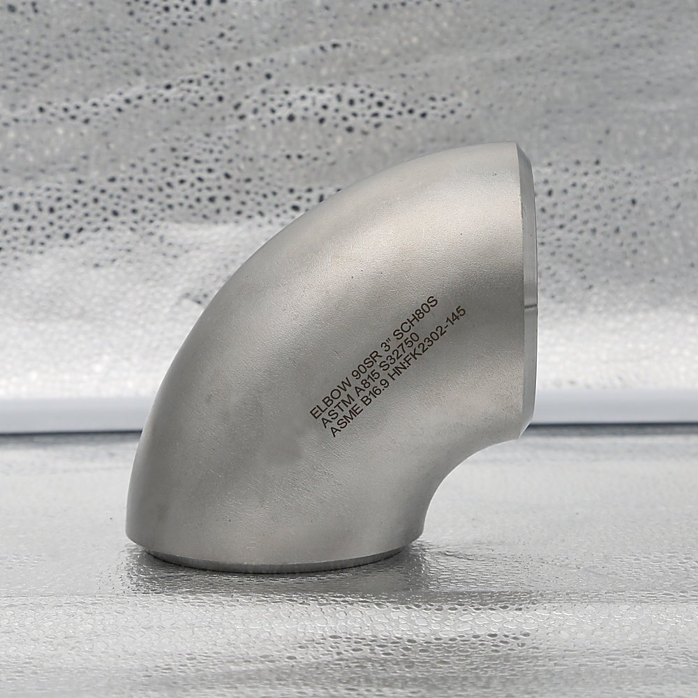 Super duplex S32750 90 degree short radius elbow, NPS 3 SCH80S, ASTM A815, with laser marking