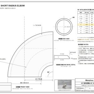 90 degree short radius elbow ASME B16.9 REV A engineering drawing: front view, end view, butt weld end detail and B16.9-2024 Table 6.1-4 SI dimension table