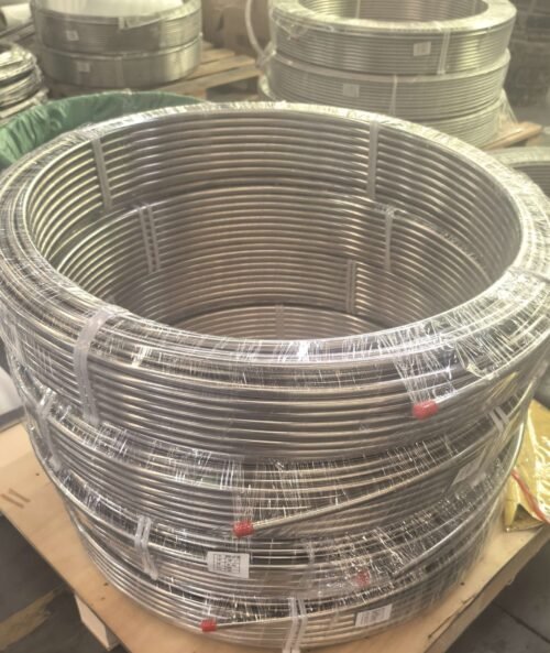 Bright annealed stainless steel seamless coiled tubing coils packed on wooden pallets