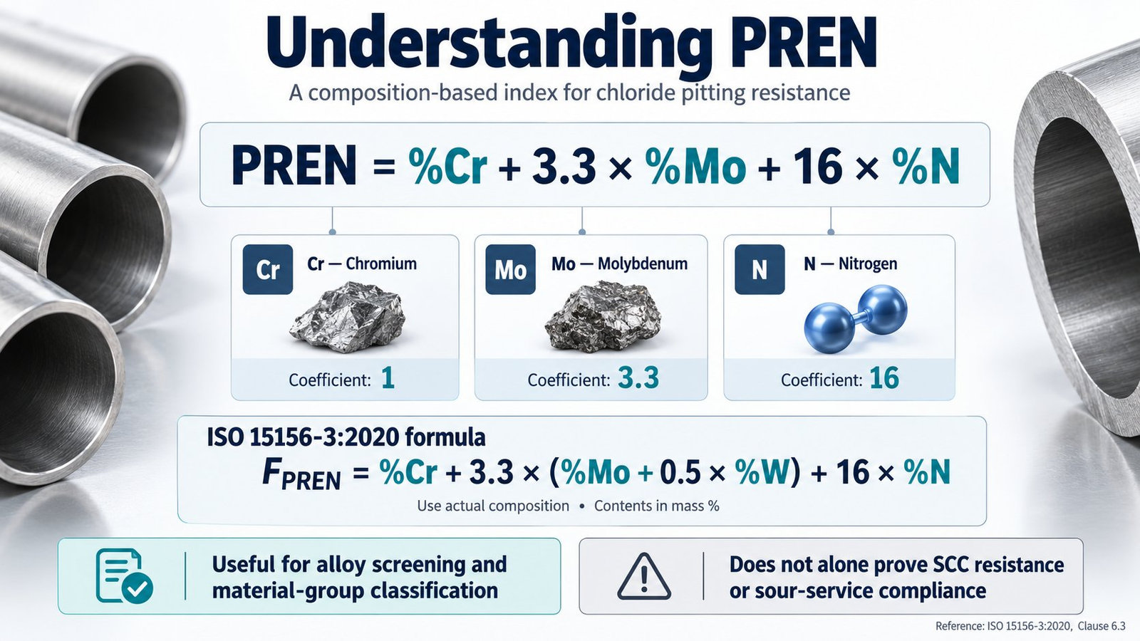 Understanding PREN infographic: PREN formula %Cr + 3.3×%Mo + 16×%N with coefficient cards and ISO 15156-3:2020 F_PREN formula
