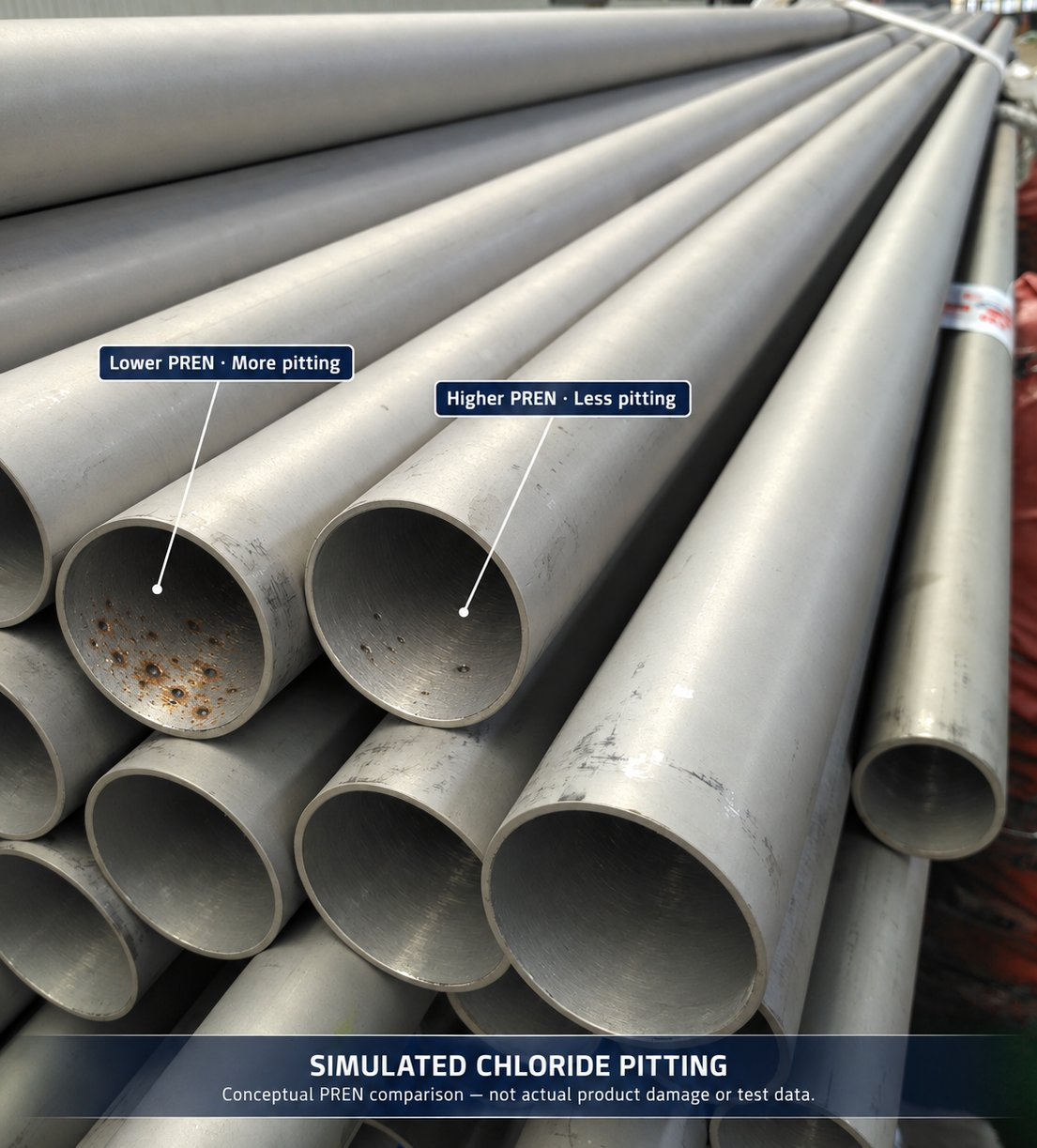 Simulated chloride pitting comparison on duplex pipe ends: lower PREN shows more pitting, higher PREN shows less pitting